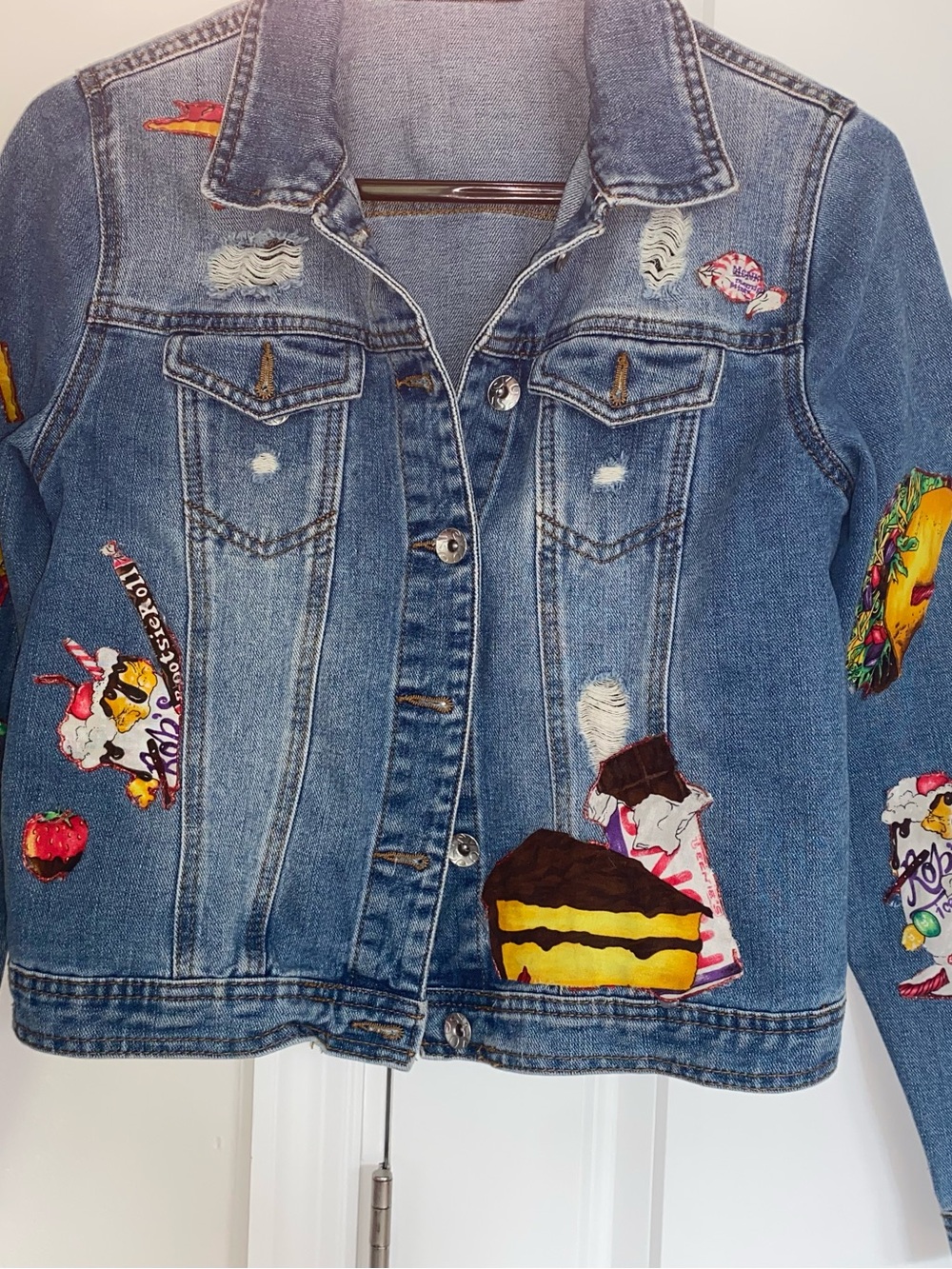 Blue Jean Embroidered 60s diner inspired Bistro Denim Jacket fits a M-L